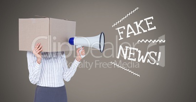 Fake news text and cardboard head using megaphone