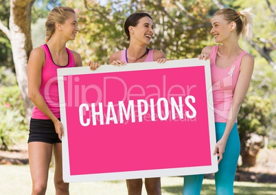 Champions text and pink breast cancer awareness women holding card