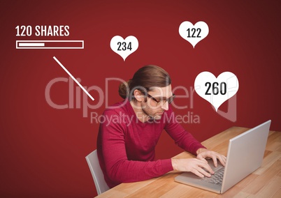 Man on laptop with Shares and likes status bars