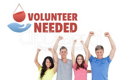 Group of people with volunteer needed text and a blood donation graphic