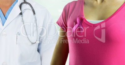 Breast cancer doctor and woman with pink awareness ribbon