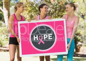 Hope icon and pink breast cancer awareness women holding card