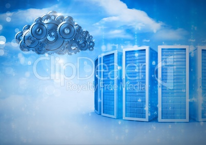 3D cog gears cloud with servers in background