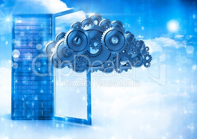 3D cog gears cloud with server in background