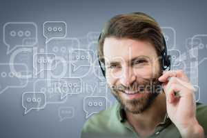 Happy customer care assistant man against customer care background