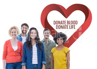 Group of people with donate blood donate life text and a heart graphic