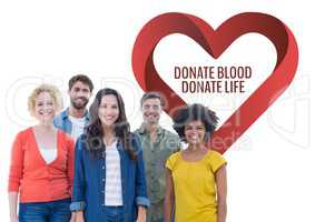 Group of people with donate blood donate life text and a heart graphic