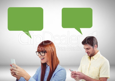 Couple texting with empty chat bubbles