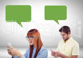Couple texting with empty chat bubbles