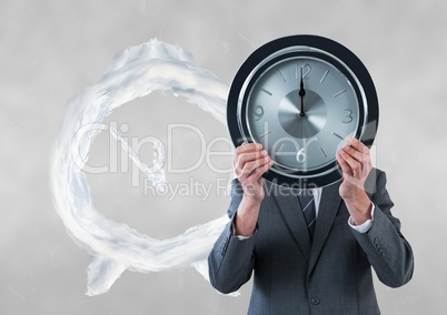 Business man holding a clock against background with clock