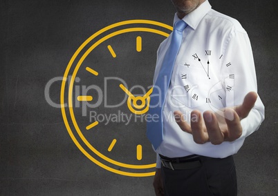 Business man holding a clock against background with clock