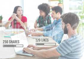 People in work in office with Likes and Shares status bars at meeting