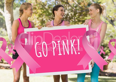 Go pink text and pink breast cancer awareness women holding card