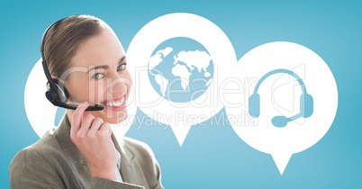 Happy customer care assistant woman against customer care background