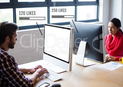 People working on computers in office with Likes status bars