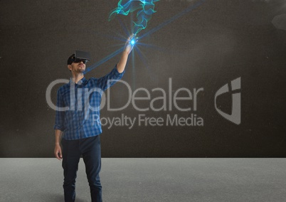 man in shirt with vr headset in room