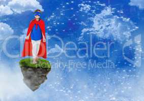 Young Girl superhero on floating rock platform  in sky with connectors interface