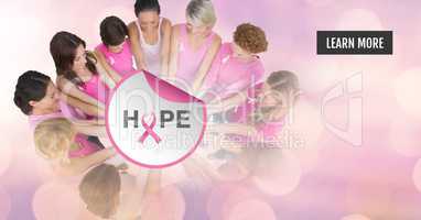 Learn more button with Hope text with breast cancer awareness women putting hands together