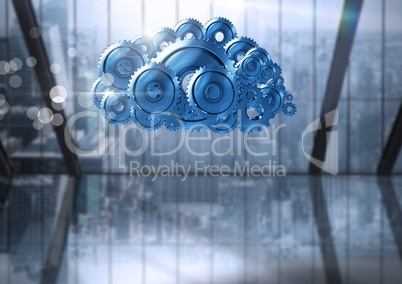 cog gears cloud with city window background