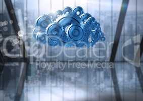 cog gears cloud with city window background