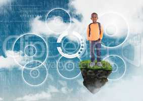 Young boy on floating rock platform  in sky with  interface