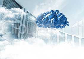 3D cog gears cloud with servers in background