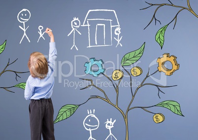 Child holding pen and Drawing of Business graphics on plant branches on wall and family sketches