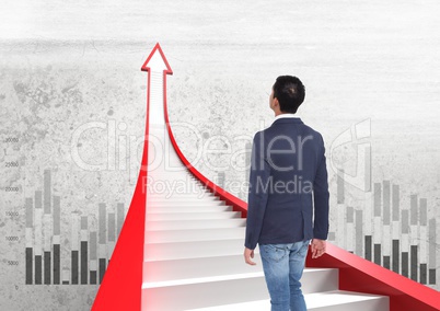 businessman walking on red arrow stairs with graphs