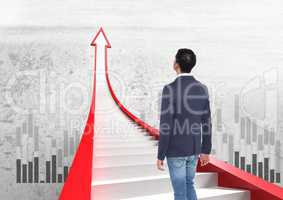 businessman walking on red arrow stairs with graphs