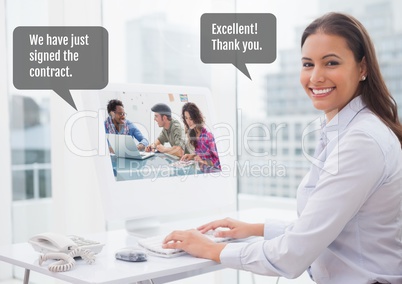 Woman on computer with contract meeting and chat bubble