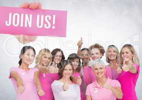 Join us Text and Hand holding card with pink breast cancer awareness women