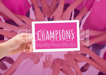 Champions Text on card in circle of hands together for breast cancer awareness