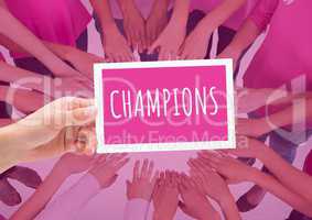 Champions Text on card in circle of hands together for breast cancer awareness