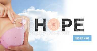 Find out more button with Hope text on Breast cancer woman with sky clouds background checking in br