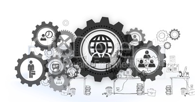 People in cogs graphics against office background