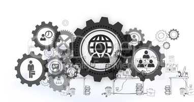 People in cogs graphics against office background
