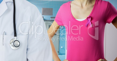 Breast cancer doctor and woman with pink awareness ribbon