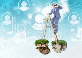 Businessman with binoculars on floating rock platforms and ladder with profiles interface in sky