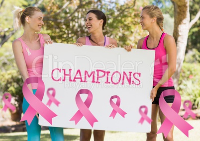 Champions text and pink breast cancer awareness women holding card