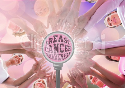 Breast cancer Awareness text with breast cancer awareness women putting hands together