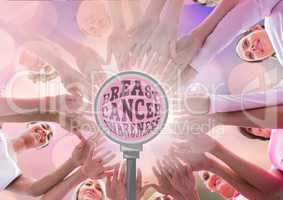 Breast cancer Awareness text with breast cancer awareness women putting hands together