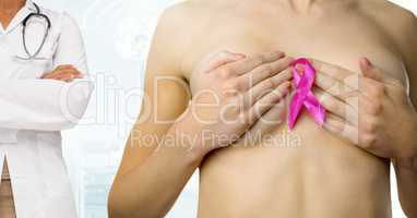Breast cancer doctor and woman with pink awareness ribbon