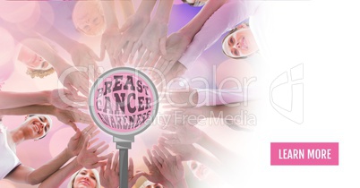 Learn more button with Breast cancer Awareness text with breast cancer awareness women putting hands