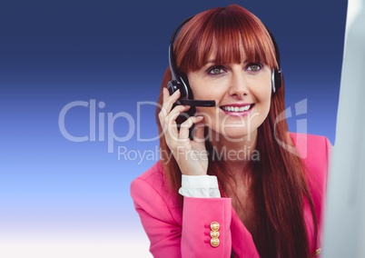 Customer care service woman with purple background