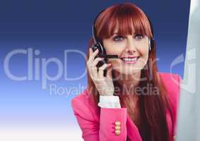 Customer care service woman with purple background