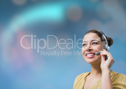 Customer care service woman with colorful lights background glowing