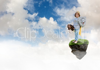 Young child dressed as a knight playing on floating rock platform  in sky with connectors interface