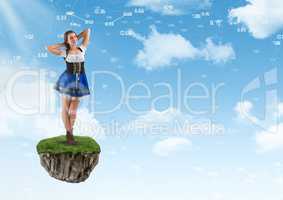 Young fairy tale woman on floating rock platform  in sky