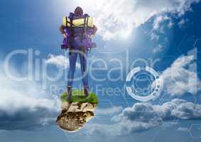 Adventurer lady with rucksack on floating rock platform with  interface in sky