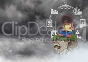 Young Girl on floating rock platform  in sky on tablet with business interface